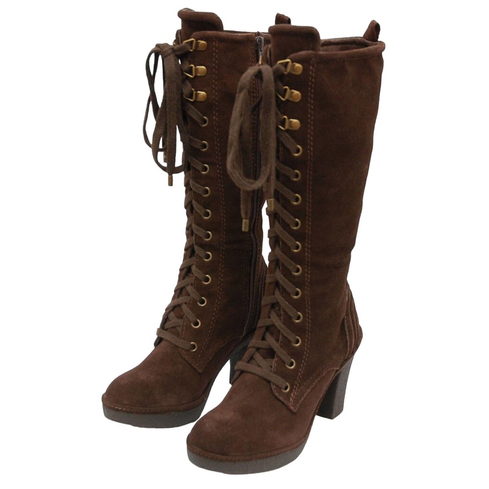 Juicy Couture MADLEY Suede Platform Lace-Up Tall Boot Heel Brown 6/6.5/9.5 New